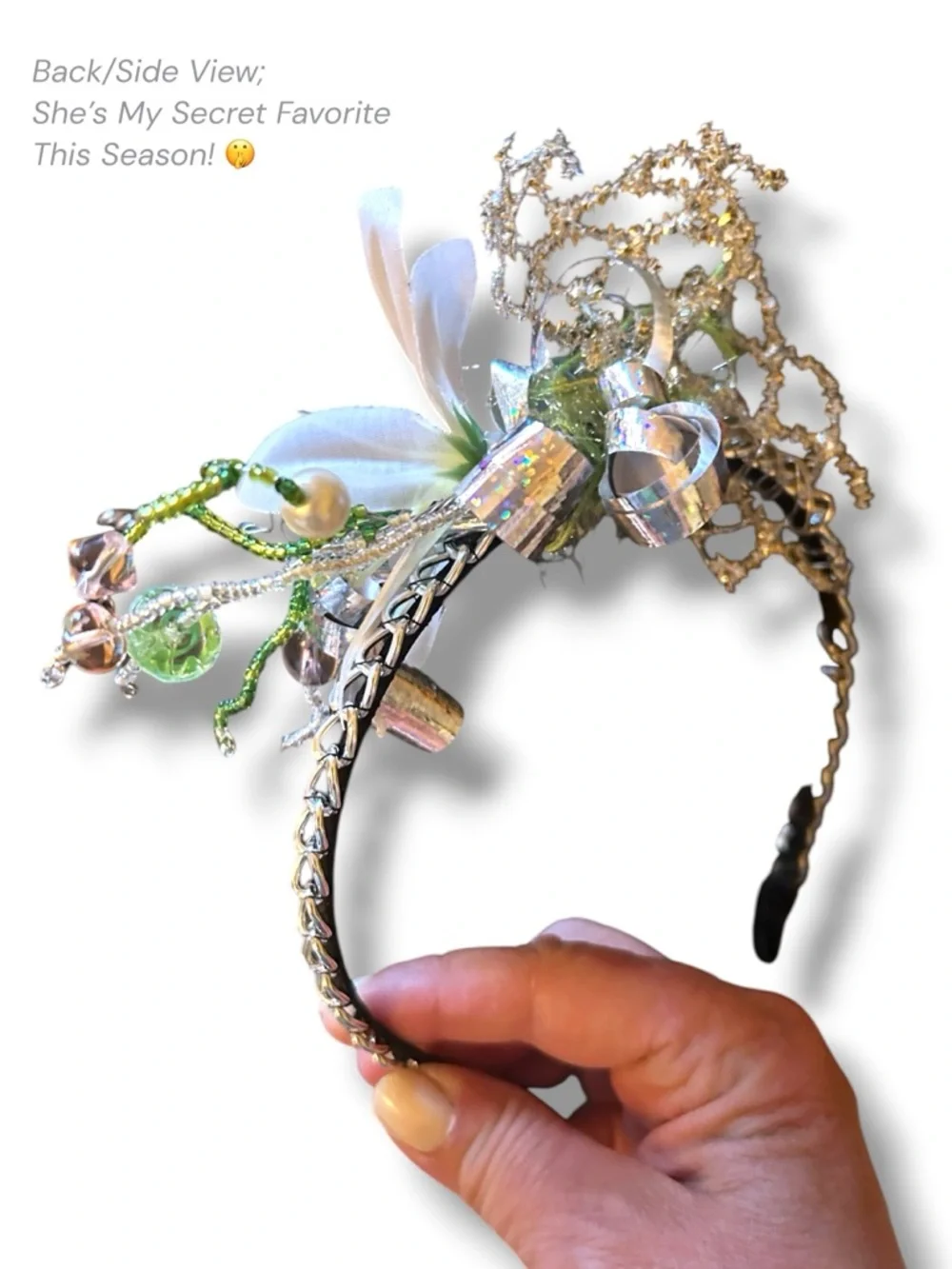 NWT Artisan Black Silver Gold Floral Hair Piece Headband Ribbon Accents Festival - Picture 6 of 7